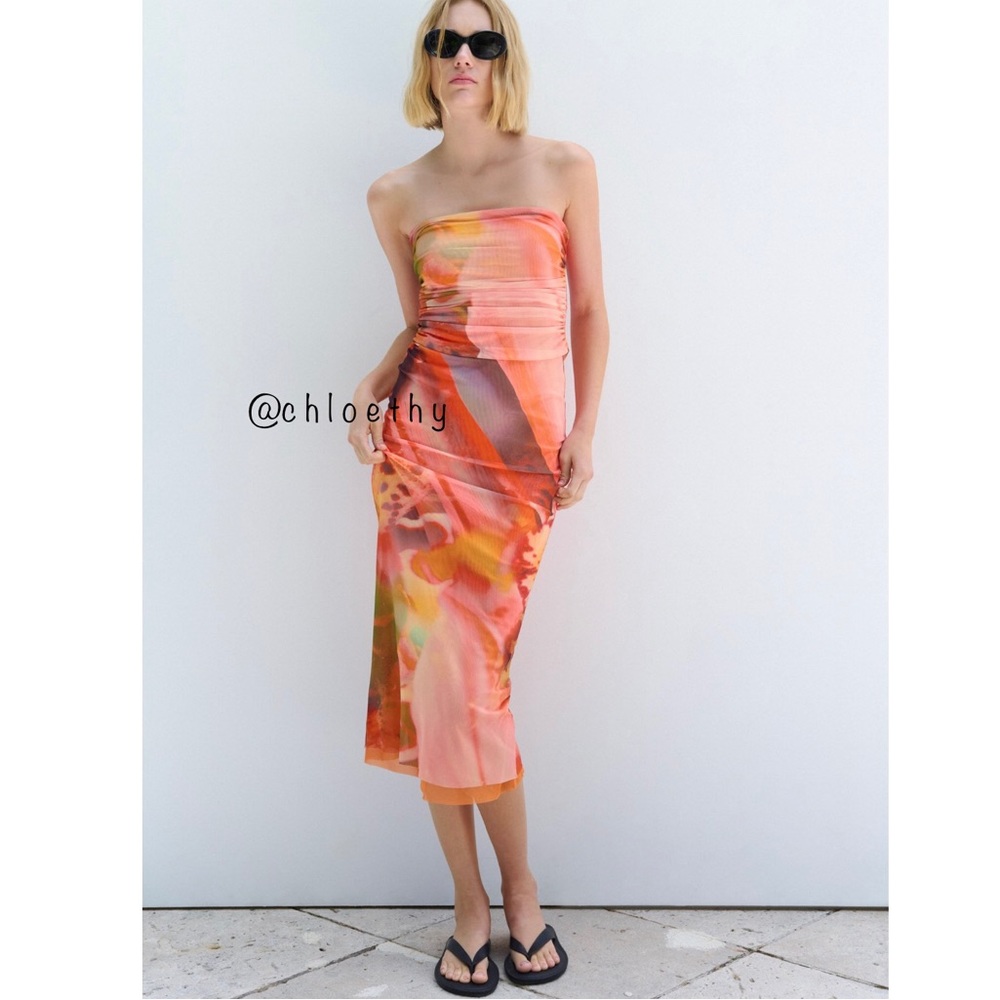 Zara STRAPLESS PRINTED TULLE DRESS